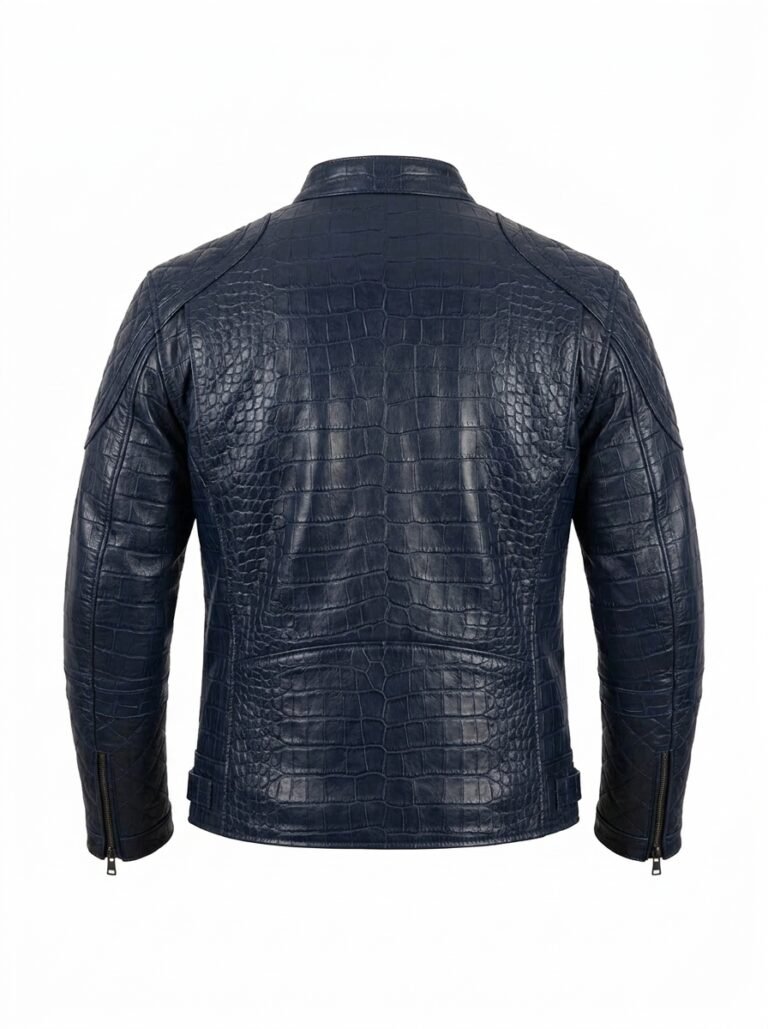 Men's Luxury Navy Blue Crocodile Embossed Real Leather Jacket Blackstone Jackets Back View