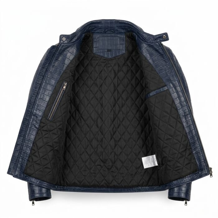 Men's Luxury Navy Blue Crocodile Embossed Real Leather Jacket Blackstone Jackets Inner View