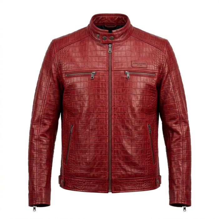 Men's Luxury Red Genuine Crocodile Embossed Leather Jacket Blackstone Jackets