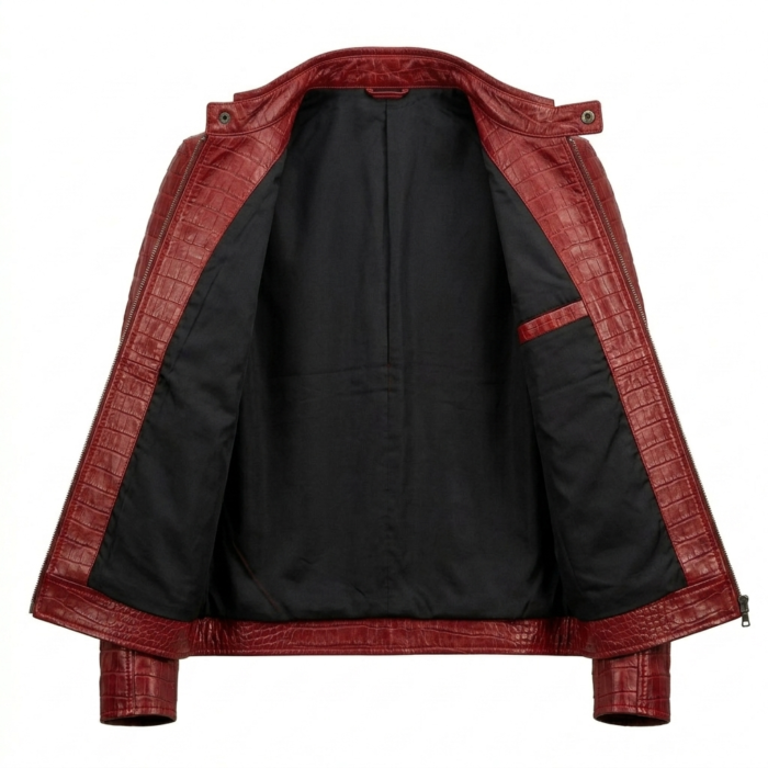 Men's Luxury Red Genuine Crocodile Embossed Leather Jacket Blackstone Jackets Inner View