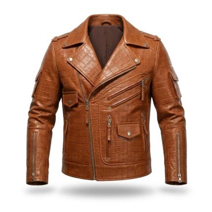 Men's Luxury Tan Crocodile Embossed Leather Jacket Blackstone Jackets