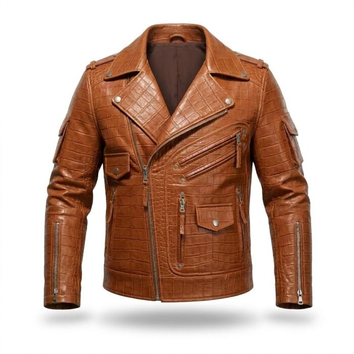 Men's Luxury Tan Crocodile Embossed Leather Jacket Blackstone Jackets