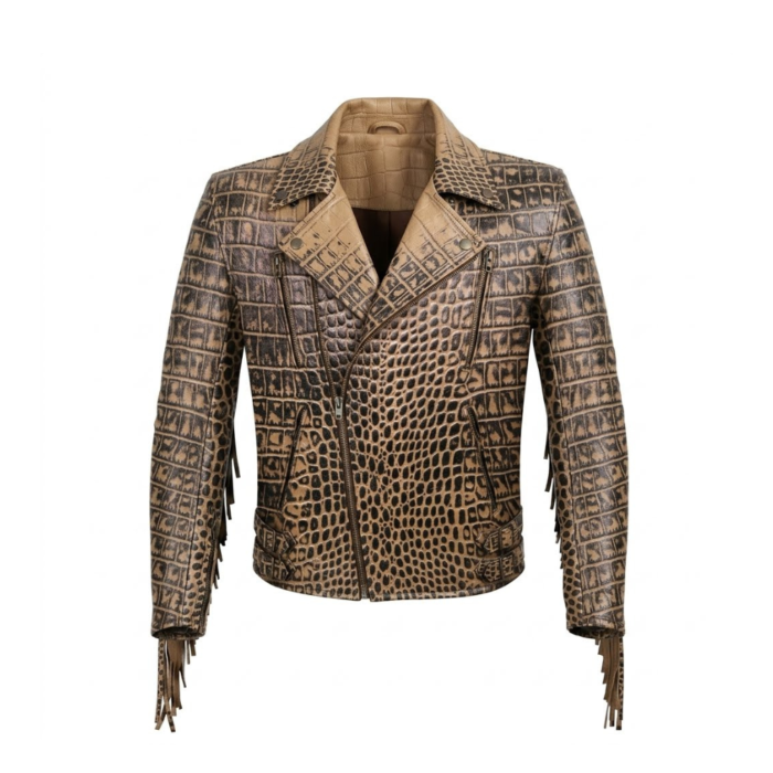 Men's Luxury Tan Crocodile Embossed Leather Jacket Blackstone Jackets