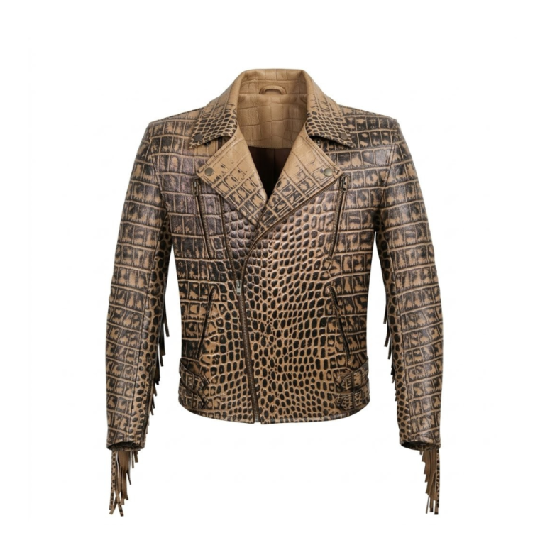 Men's Luxury Tan Crocodile Embossed Leather Jacket Blackstone Jackets