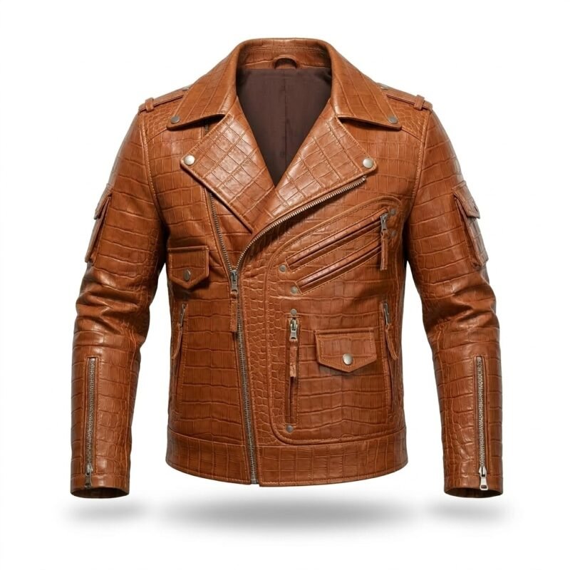 Men's Luxury Tan Crocodile Embossed Leather Jacket Blackstone Jackets