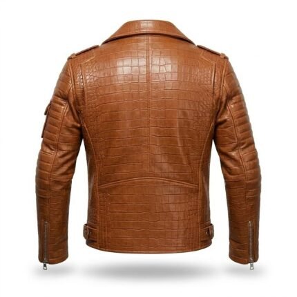 Men's Luxury Tan Crocodile Embossed Leather Jacket Blackstone Jackets Back View