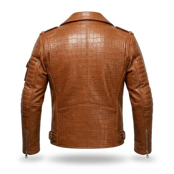 Men's Luxury Tan Crocodile Embossed Leather Jacket Blackstone Jackets Back View