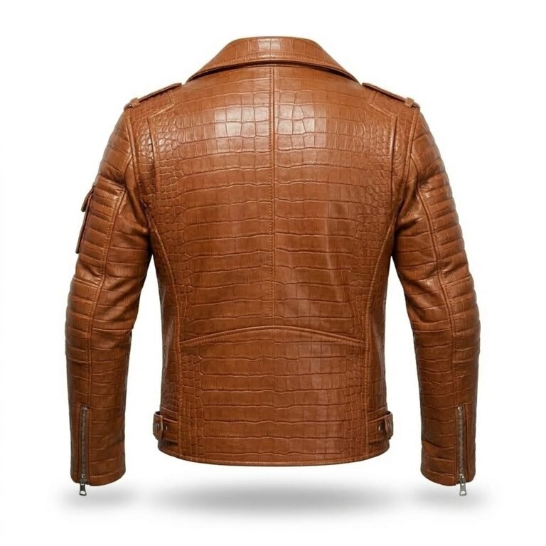 Men's Luxury Tan Crocodile Embossed Leather Jacket Blackstone Jackets Back View