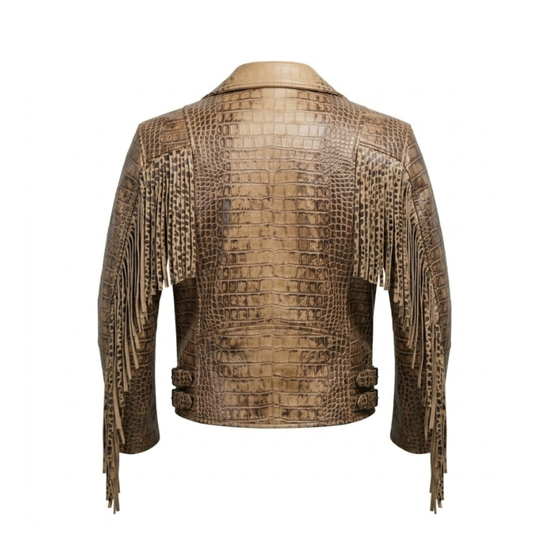 Men's Luxury Tan Crocodile Embossed Leather Jacket Blackstone Jackets Back View