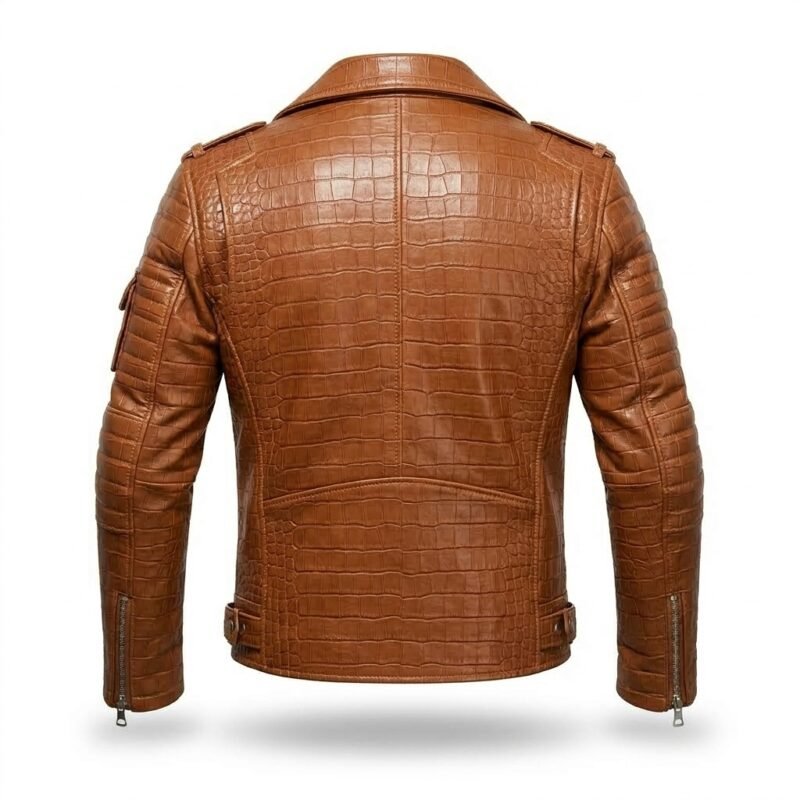 Men's Luxury Tan Crocodile Embossed Leather Jacket Blackstone Jackets Back View