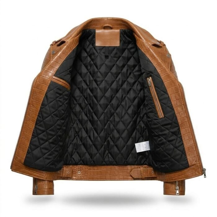 Men's Luxury Tan Crocodile Embossed Leather Jacket Blackstone Jackets Inner View
