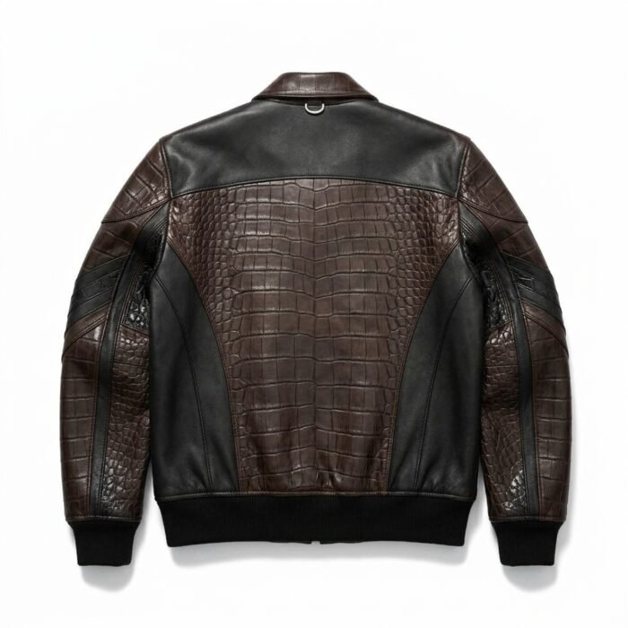 Men's Luxury espresso brown Crocodile Embossed Real Leather Jacket Blackstone Jackets Back View