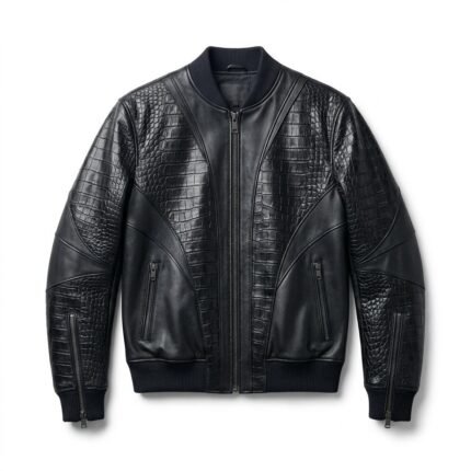 Men's Premium Black Crocodile Embossed Bomber Leather Jacket Blackstone Jackets