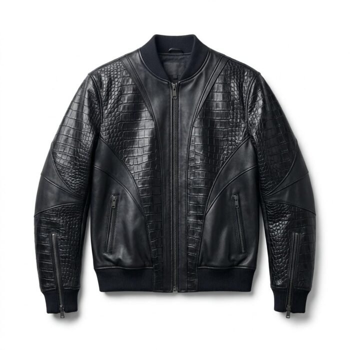 Men's Premium Black Crocodile Embossed Bomber Leather Jacket Blackstone Jackets