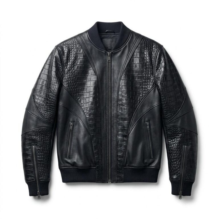Men's Premium Black Crocodile Embossed Bomber Leather Jacket Blackstone Jackets