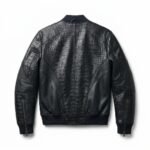 Men's Premium Black Crocodile Embossed Bomber Leather Jacket Blackstone Jackets Back View