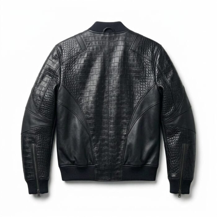 Men's Premium Black Crocodile Embossed Bomber Leather Jacket Blackstone Jackets Back View