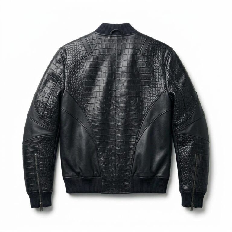 Men's Premium Black Crocodile Embossed Bomber Leather Jacket Blackstone Jackets Back View