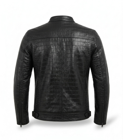 Men's Premium Black Crocodile Embossed Leather Jacket Blackstone Jackets Back View