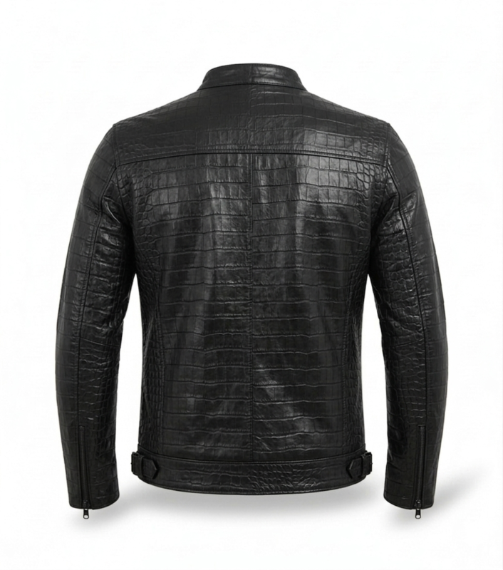 Men's Premium Black Crocodile Embossed Leather Jacket Blackstone Jackets Back View