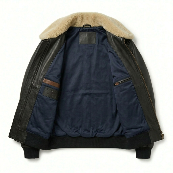 Men's Premium Black Genuine Leather G-1 Flight Jacket Blackstone Jackets Inner View