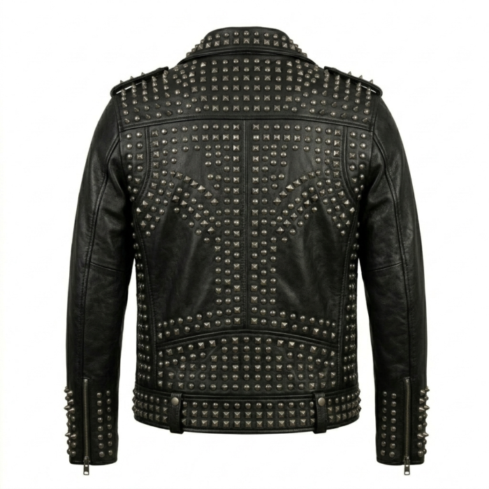 Men's Premium Black Studded Leather Jacket Blackstone Jackets Back View