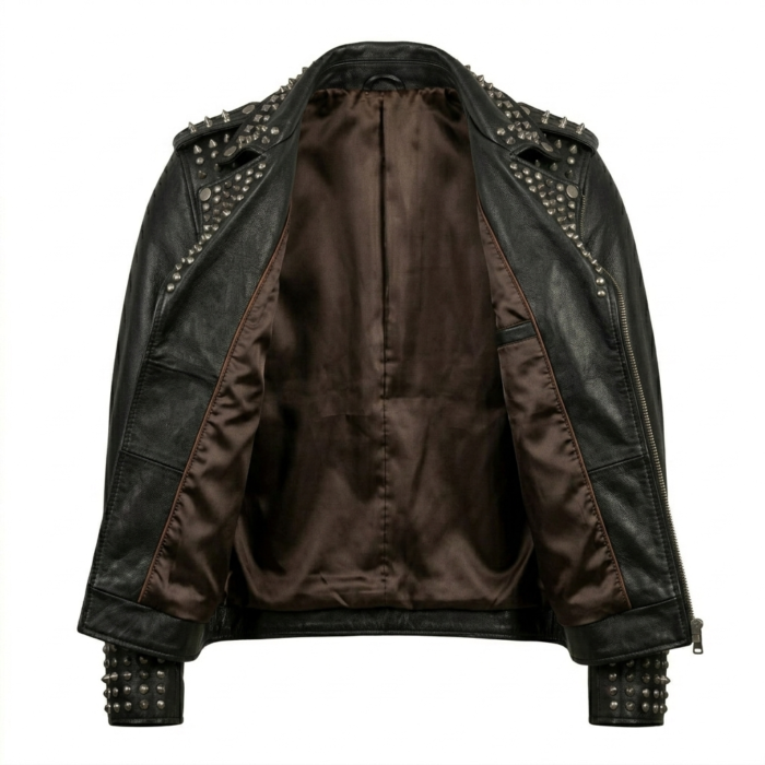 Men's Premium Black Studded Leather Jacket Blackstone Jackets Inner View
