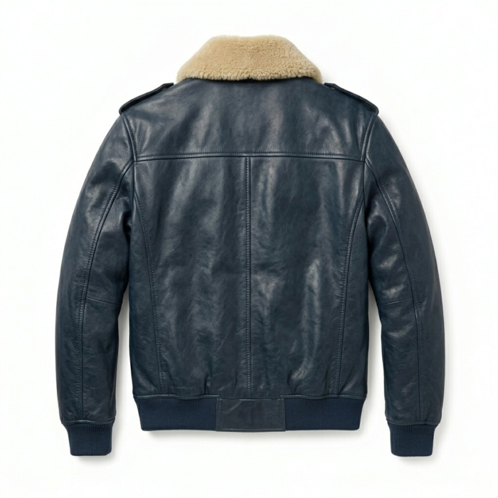 Men's Premium Blue Genuine Leather Aviator Jacket Blackstone Jackets Back View