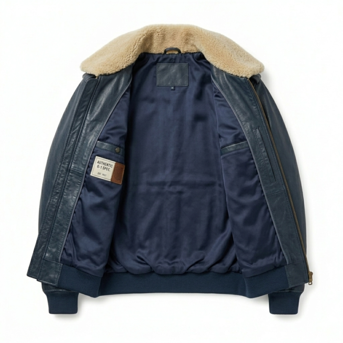 Men's Premium Blue Genuine Leather Aviator Jacket Blackstone Jackets Inner View