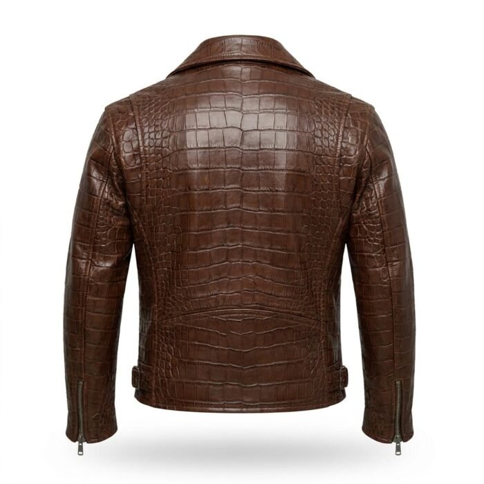 Men’s Premium Brown Crocodile Embossed Leather Jacket Blackstone Jackets Back View