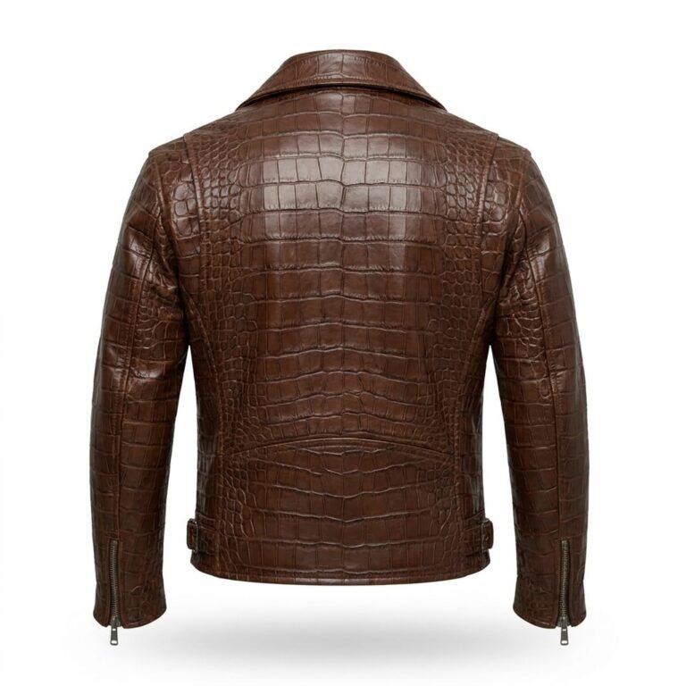Men’s Premium Brown Crocodile Embossed Leather Jacket Blackstone Jackets Back View