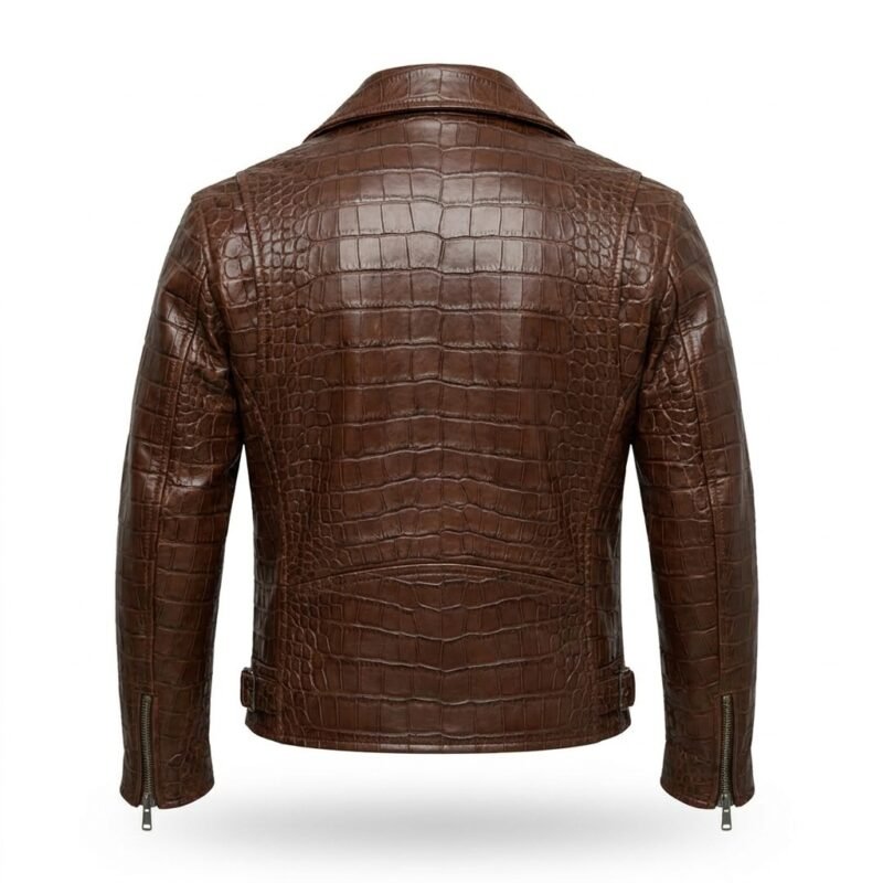 Men’s Premium Brown Crocodile Embossed Leather Jacket Blackstone Jackets Back View
