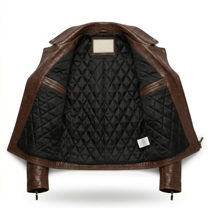 Men’s Premium Brown Crocodile Embossed Leather Jacket Blackstone Jackets Inner View