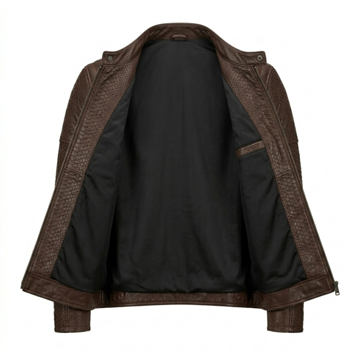 Men's Premium Brown Genuine Snake Embossed Leather Jackets Blackstone Jackets Inner View