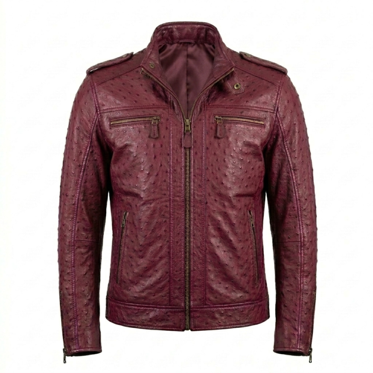 Men's Premium Burgundy Ostrich Embossed Leather Jacket Blackstone Jackets