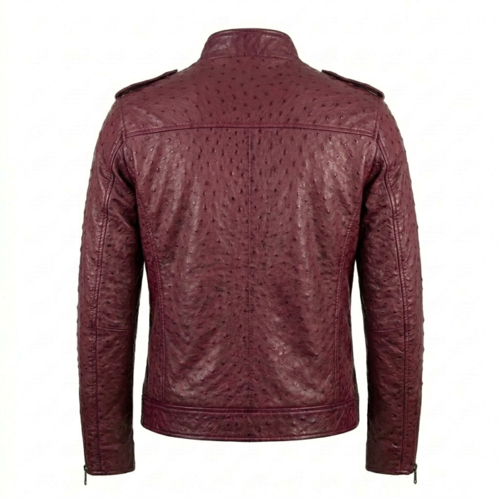 Men's Premium Burgundy Ostrich Embossed Leather Jacket Blackstone Jackets Back View