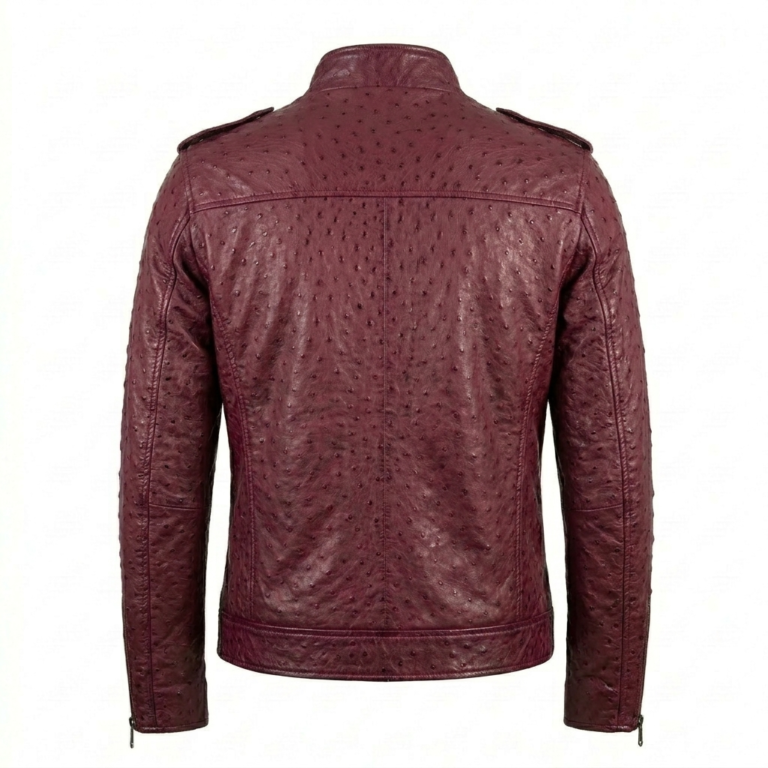 Men's Premium Burgundy Ostrich Embossed Leather Jacket Blackstone Jackets Back View