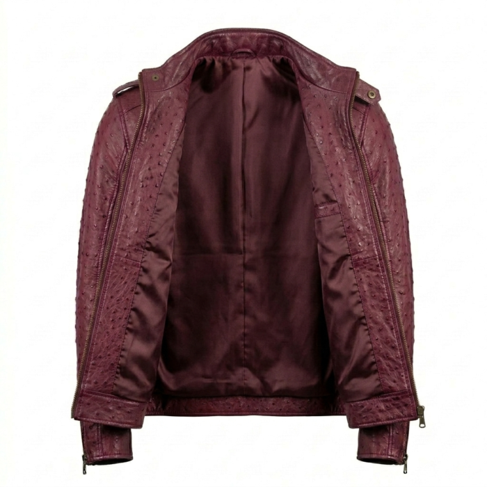 Men's Premium Burgundy Ostrich Embossed Leather Jacket Blackstone Jackets Inner view