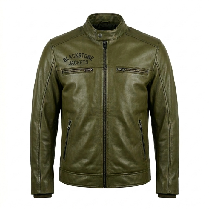 Men's Premium Green Embroidered Leather Jacket Blackstone Jackets