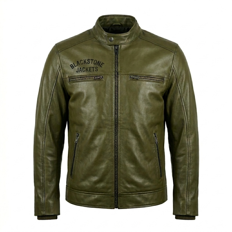 Men's Premium Green Embroidered Leather Jacket Blackstone Jackets