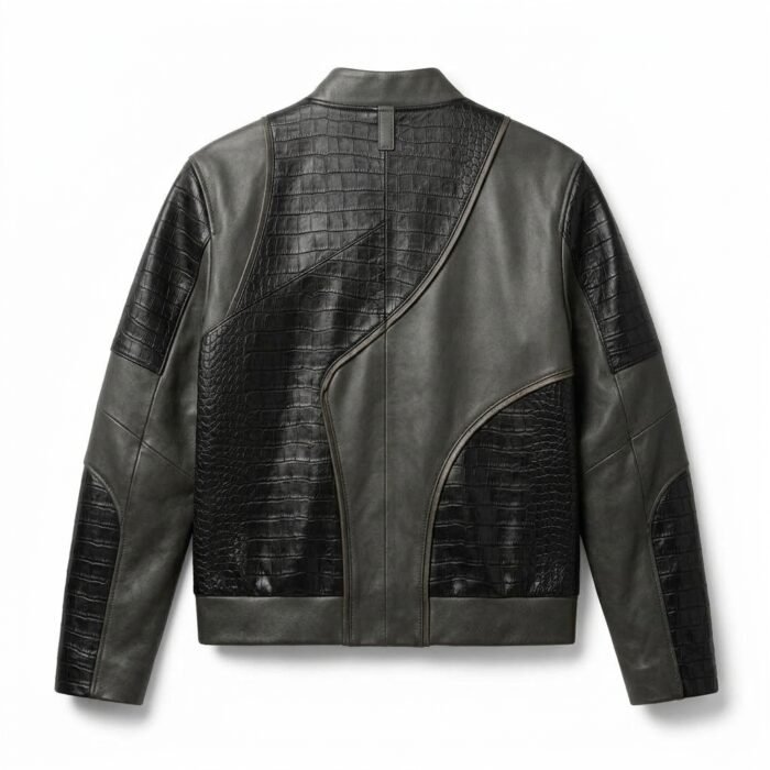 Men's Premium Grey Crocodile Embossed Real Leather Jacket Blackstone Jackets Back View