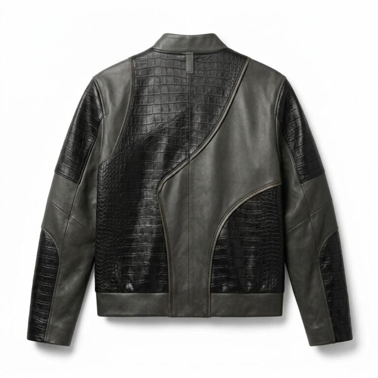 Men's Premium Grey Crocodile Embossed Real Leather Jacket Blackstone Jackets Back View