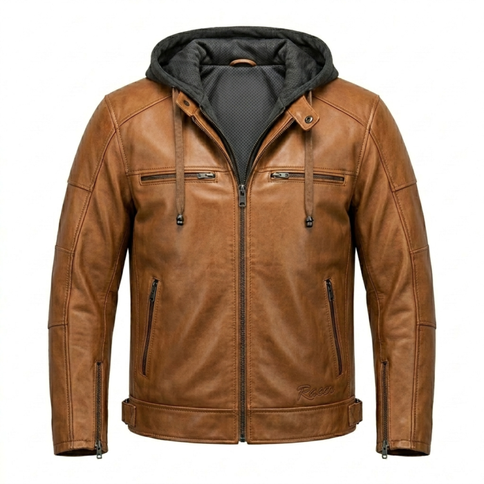 Opulent Men's Brown Leather Hooded Jacket Blackstone Jackets