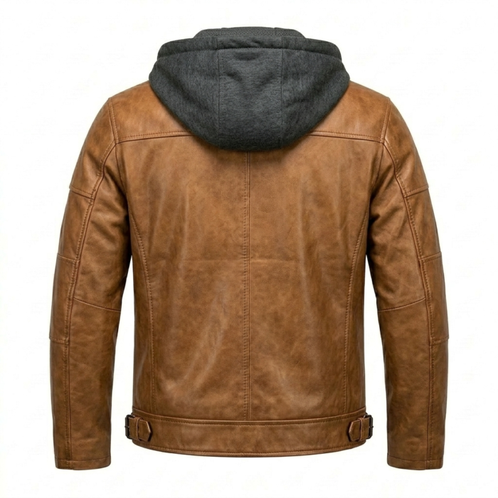 Opulent Men's Brown Leather Hooded Jacket Blackstone Jackets Back View