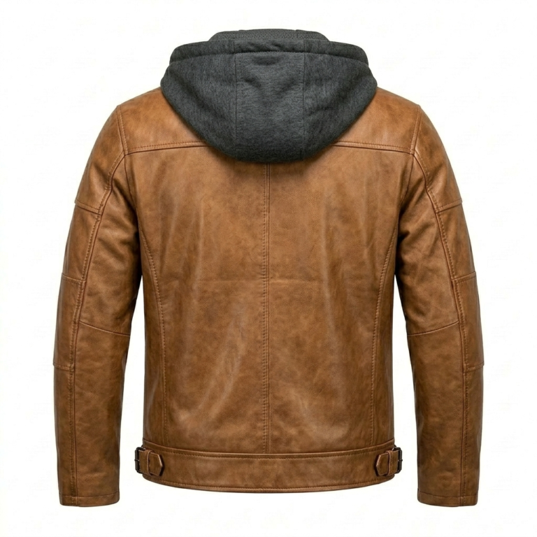Opulent Men's Brown Leather Hooded Jacket Blackstone Jackets Back View