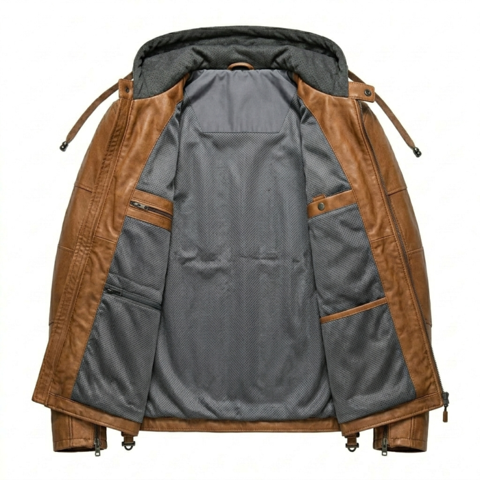 Opulent Men's Brown Leather Hooded Jacket Blackstone Jackets Inner View