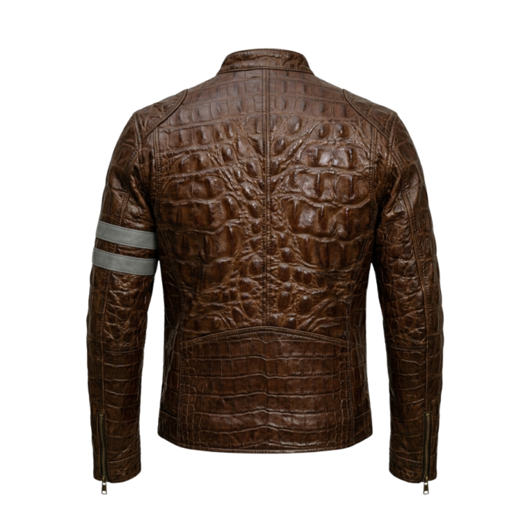 Premium Men's Brown Crocodile Embossed Leather Jacket Genuine Cowhide Biker Vintage Style Blackstone Jacket Back View
