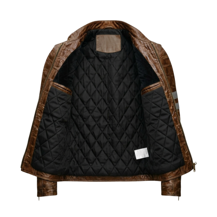 Premium Men's Brown Crocodile Embossed Leather Jacket Genuine Cowhide Biker Vintage Style Blackstone Jacket Inner View