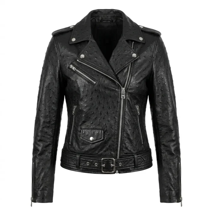 Performance Wear Women's Black Ostrich Embossed Leather Jacket Blackstone Jackets