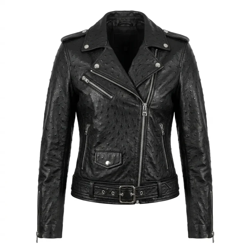 Performance Wear Women's Black Ostrich Embossed Leather Jacket Blackstone Jackets